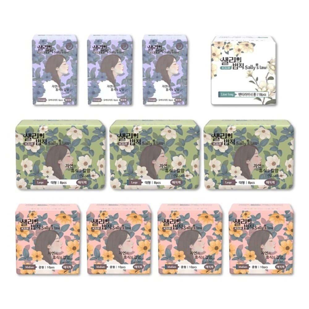 [SALLY'S LAW] Sanitary Pads Signiture Magic Quick Medium 4packs+Large 3packs+Overnight 3packs+Panty liner 1pack - 100% PLA Cover, Cushioned comfort, Eucalyptus Scent - Made in Korea